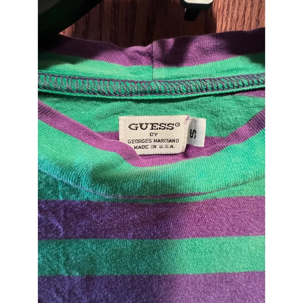 Vintage Guess Jeans USA Striped T-Shirt Green Purple Georges Marciano Small - Picture 3 of 5